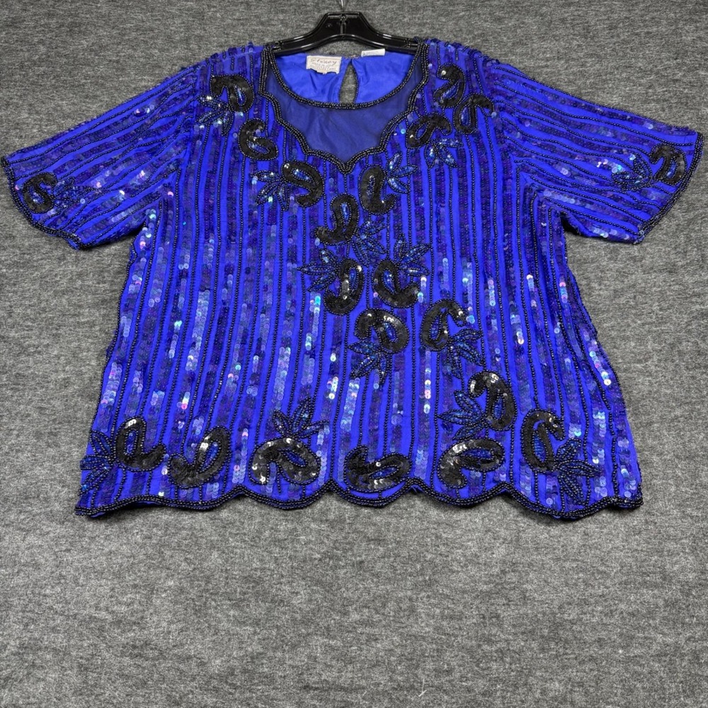 Vintage Stenay Beaded Sequin Royal Blue Silk‎ Top XL Evening Glam Party Occasion